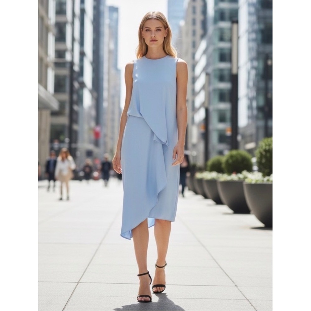 Camilla and Marc Synchrony Asymmetric Draped Dress Womens 4 Blue Minimalist Chic